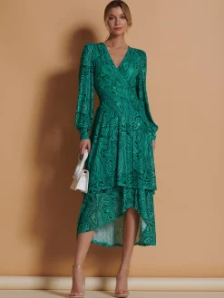 Asymmetrical Hem Mesh Midi Dress, Green Abstract