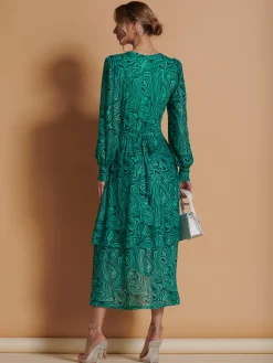 Asymmetrical Hem Mesh Midi Dress, Green Abstract