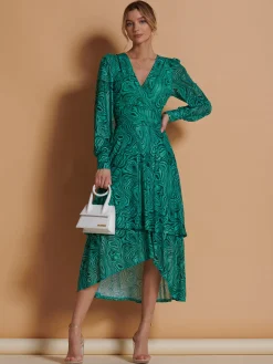 Asymmetrical Hem Mesh Midi Dress, Green Abstract