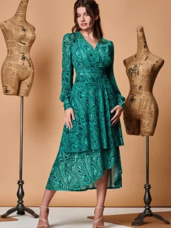 Asymmetrical Hem Mesh Midi Dress, Green Abstract