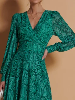 Asymmetrical Hem Mesh Midi Dress, Green Abstract
