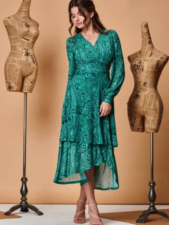Asymmetrical Hem Mesh Midi Dress, Green Abstract