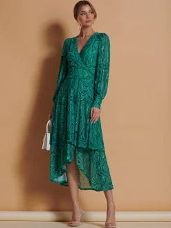 Asymmetrical Hem Mesh Midi Dress, Green Abstract