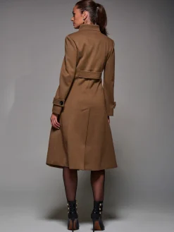 Asymmetric Button Detail Fit & Flare Coat, Brown