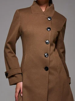 Asymmetric Button Detail Fit & Flare Coat, Brown