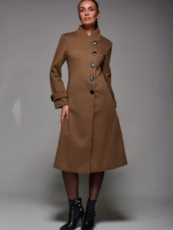 Asymmetric Button Detail Fit & Flare Coat, Brown