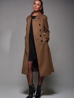 Asymmetric Button Detail Fit & Flare Coat, Brown