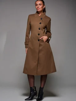 Asymmetric Button Detail Fit & Flare Coat, Brown