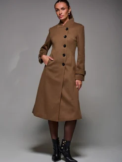 Asymmetric Button Detail Fit & Flare Coat, Brown