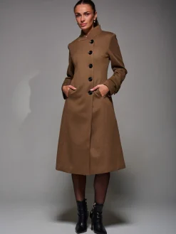 Asymmetric Button Detail Fit & Flare Coat, Brown