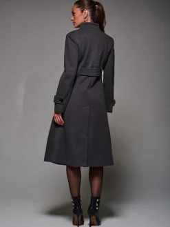 Asymmetric Button Detail Fit & Flare Coat, Dark Grey