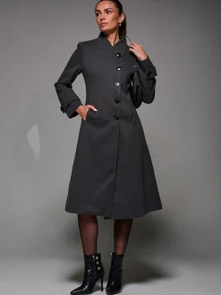 Asymmetric Button Detail Fit & Flare Coat, Dark Grey