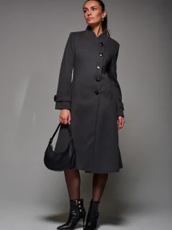 Asymmetric Button Detail Fit & Flare Coat, Dark Grey