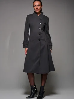 Asymmetric Button Detail Fit & Flare Coat, Dark Grey