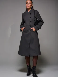 Asymmetric Button Detail Fit & Flare Coat, Dark Grey