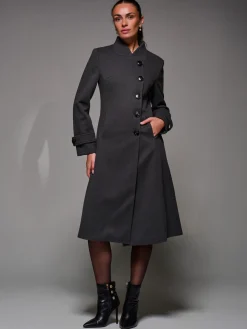 Asymmetric Button Detail Fit & Flare Coat, Dark Grey