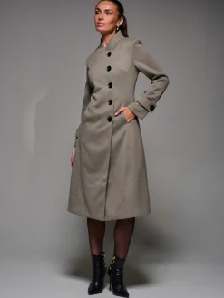 Asymmetric Button Detail Fit & Flare Coat, Stone Green