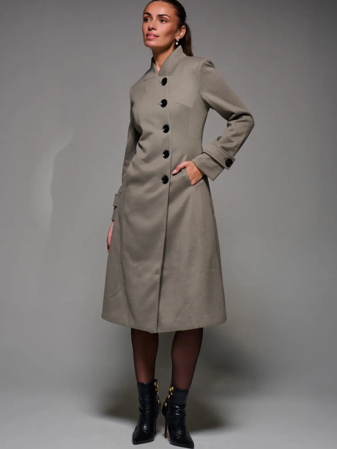 Asymmetric Button Detail Fit & Flare Coat, Stone Green