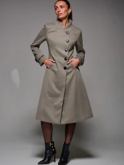 Asymmetric Button Detail Fit & Flare Coat, Stone Green