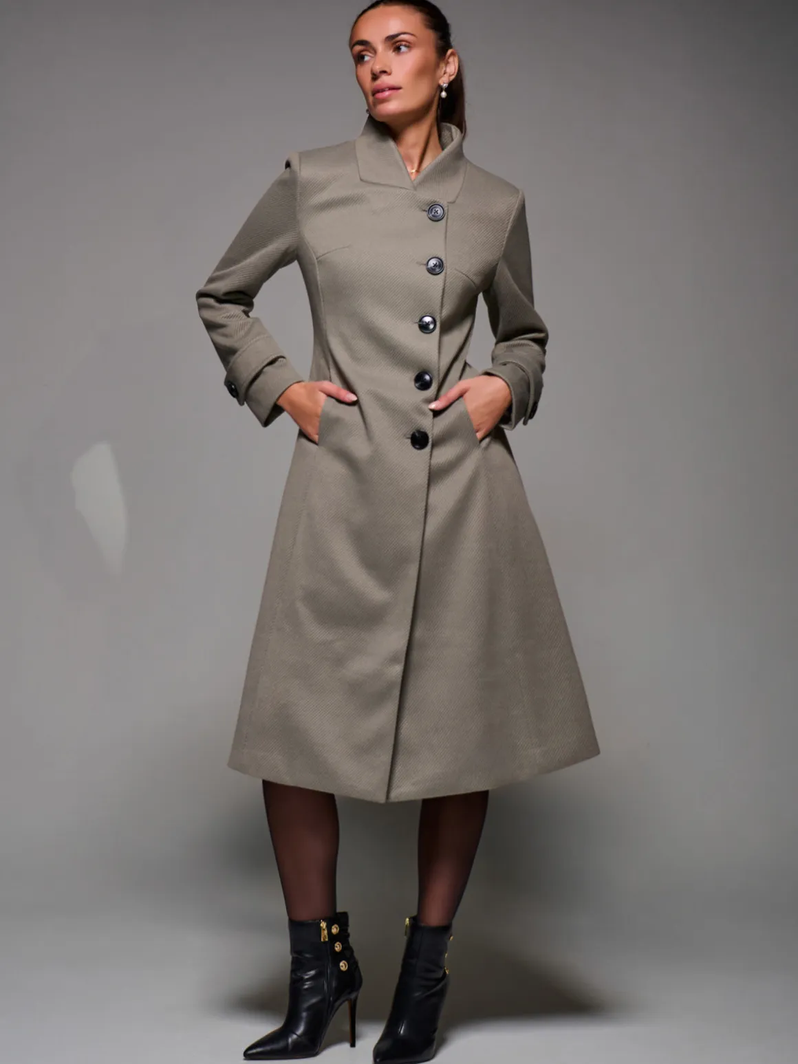 Asymmetric Button Detail Fit & Flare Coat, Stone Green
