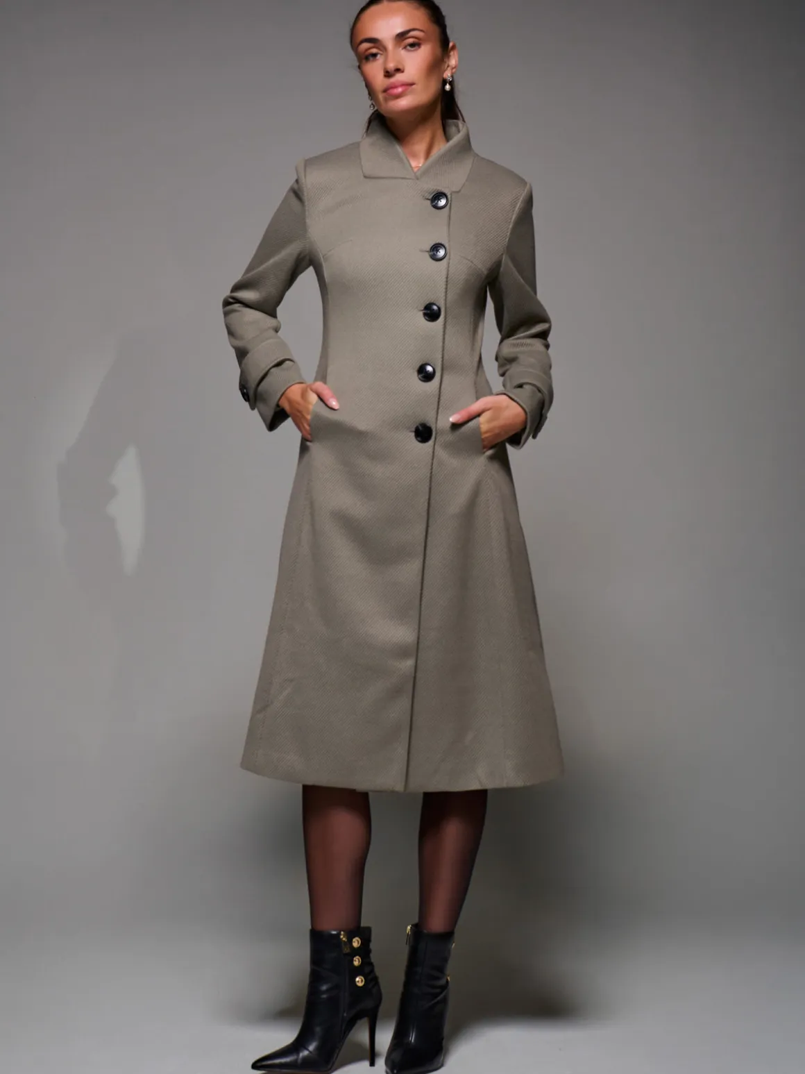 Asymmetric Button Detail Fit & Flare Coat, Stone Green