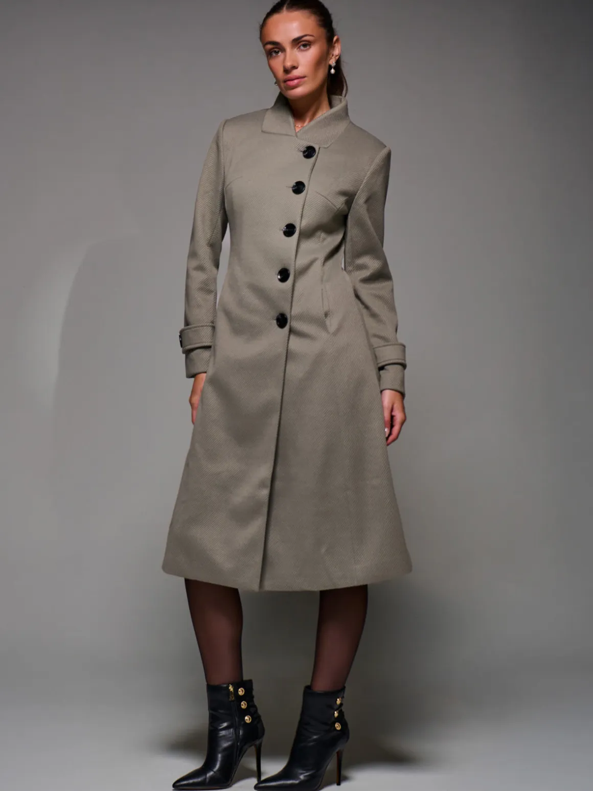 Asymmetric Button Detail Fit & Flare Coat, Stone Green