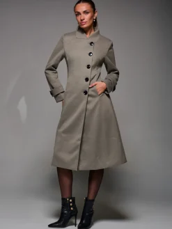Asymmetric Button Detail Fit & Flare Coat, Stone Green