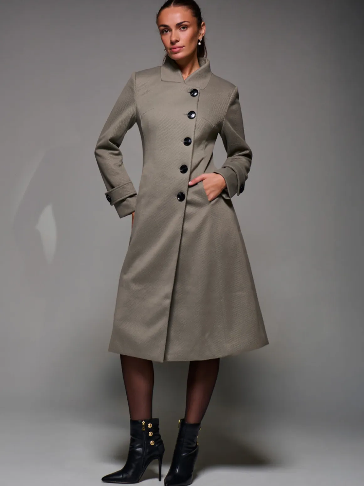 Asymmetric Button Detail Fit & Flare Coat, Stone Green