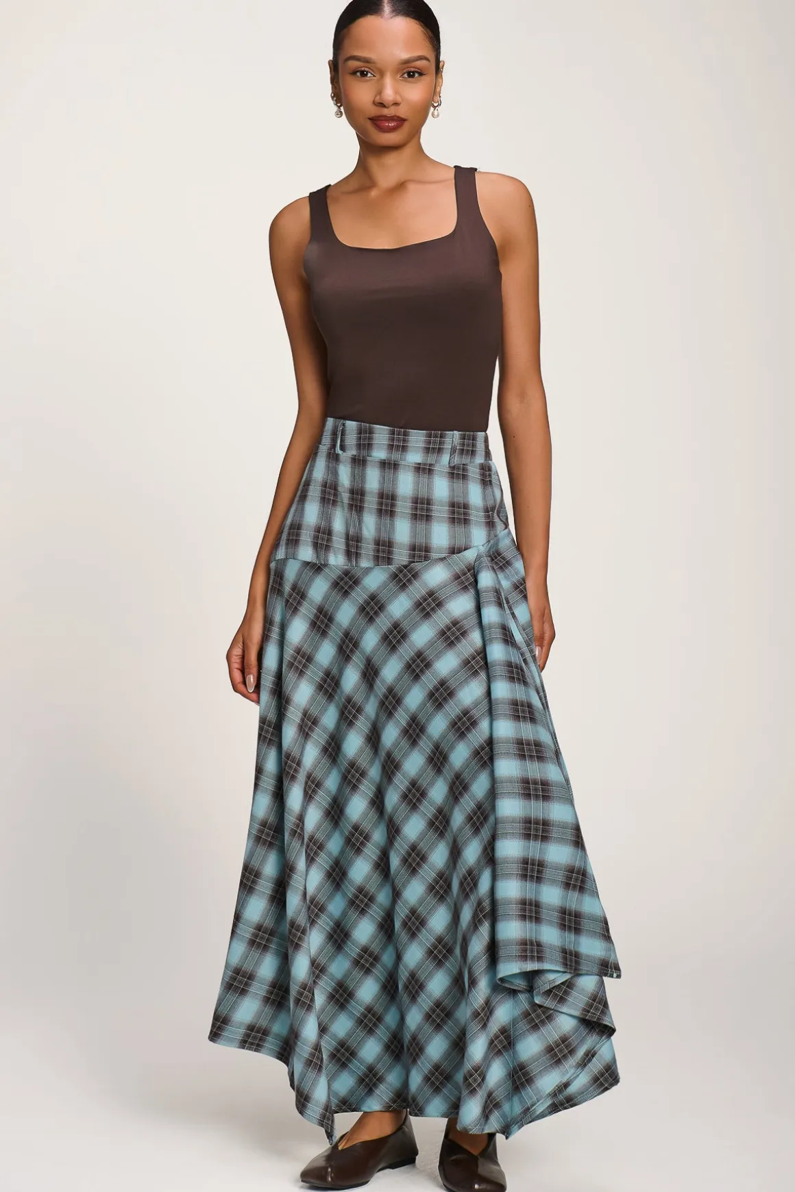 Asymmetric Check Maxi Skirt, Blue Check