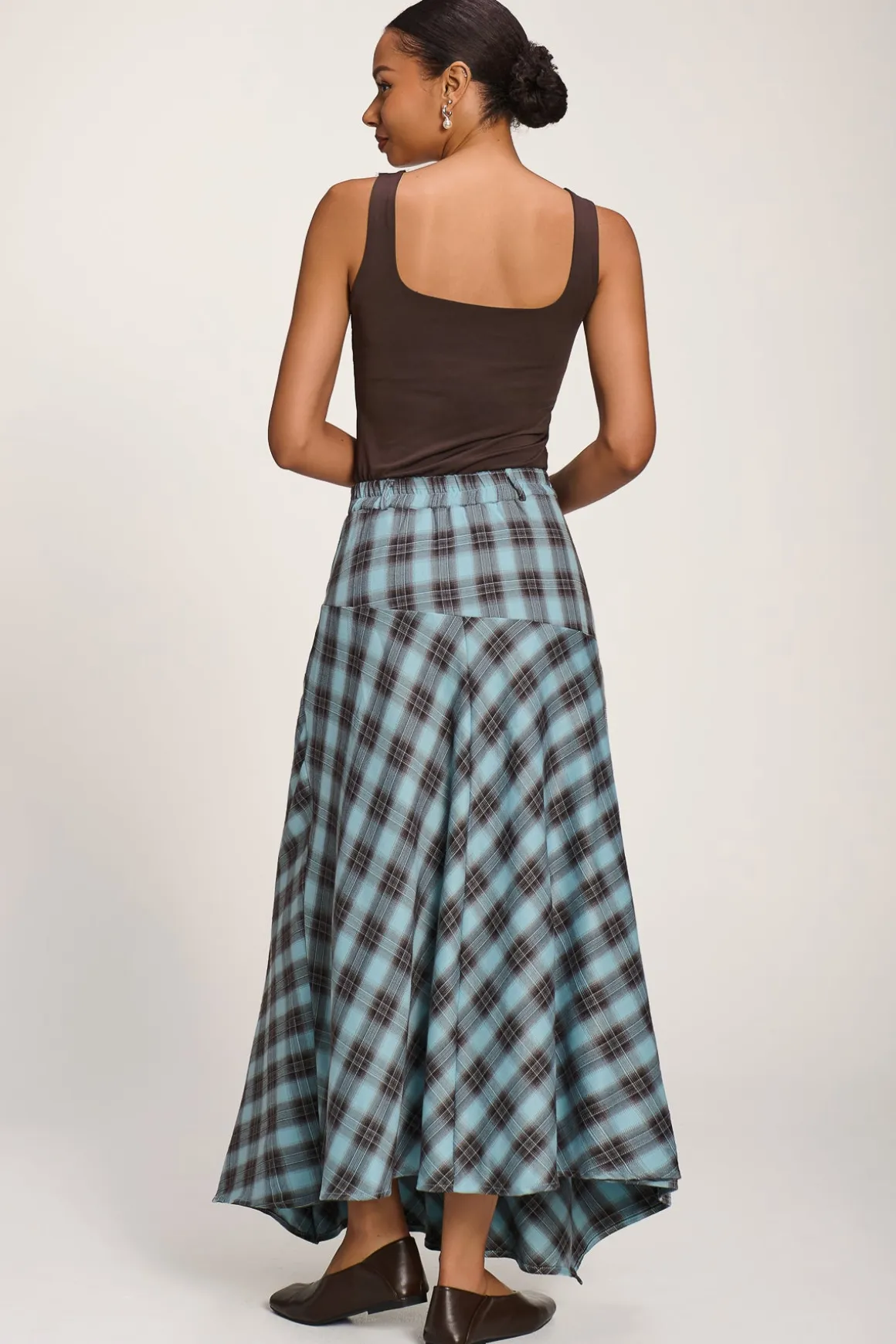 Asymmetric Check Maxi Skirt, Blue Check
