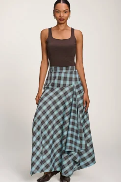 Asymmetric Check Maxi Skirt, Blue Check