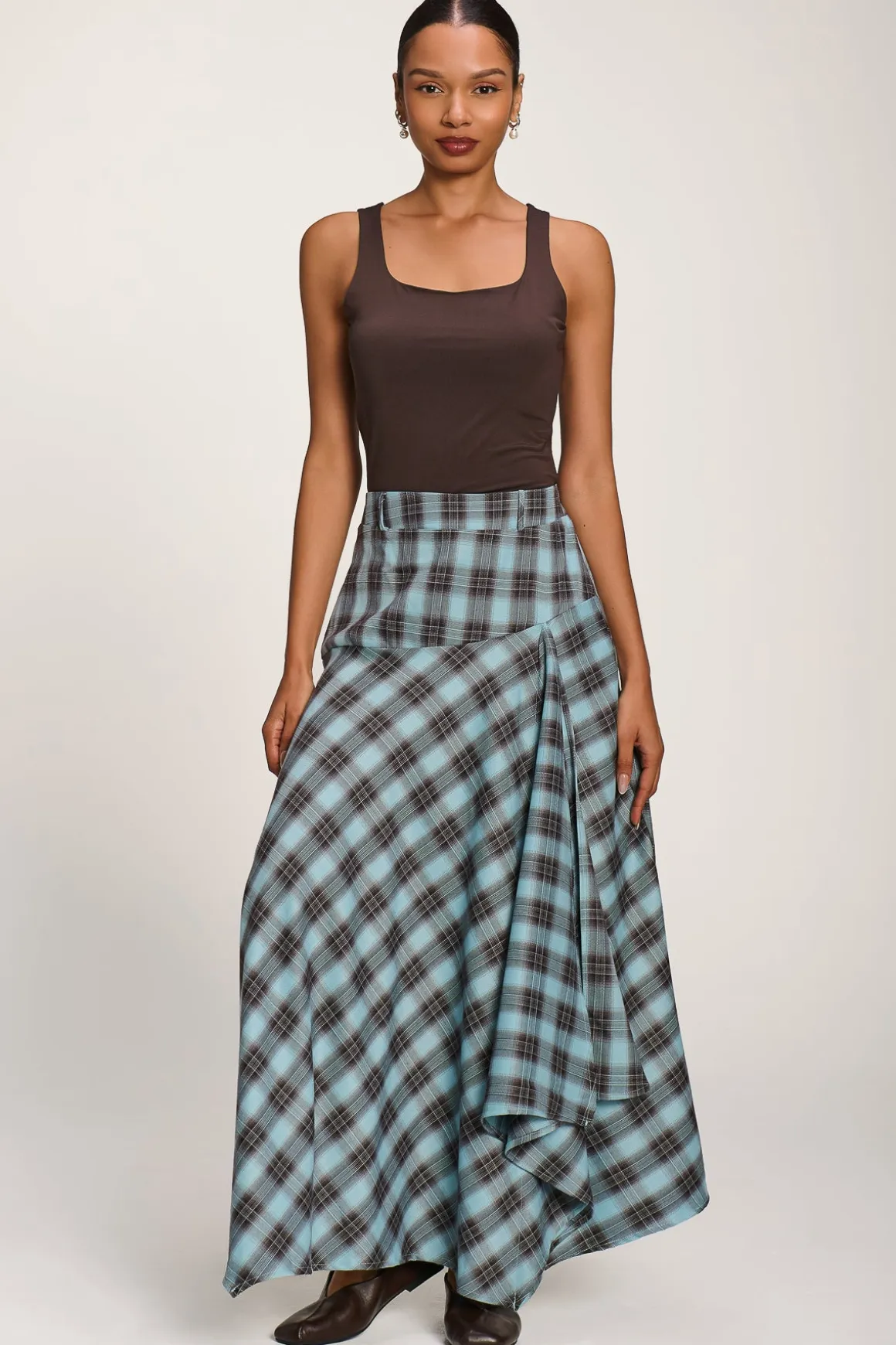 Asymmetric Check Maxi Skirt, Blue Check
