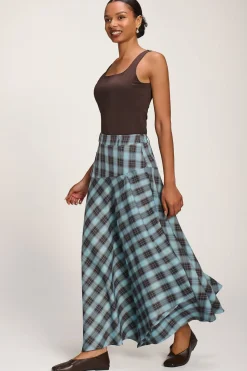 Asymmetric Check Maxi Skirt, Blue Check