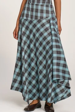 Asymmetric Check Maxi Skirt, Blue Check