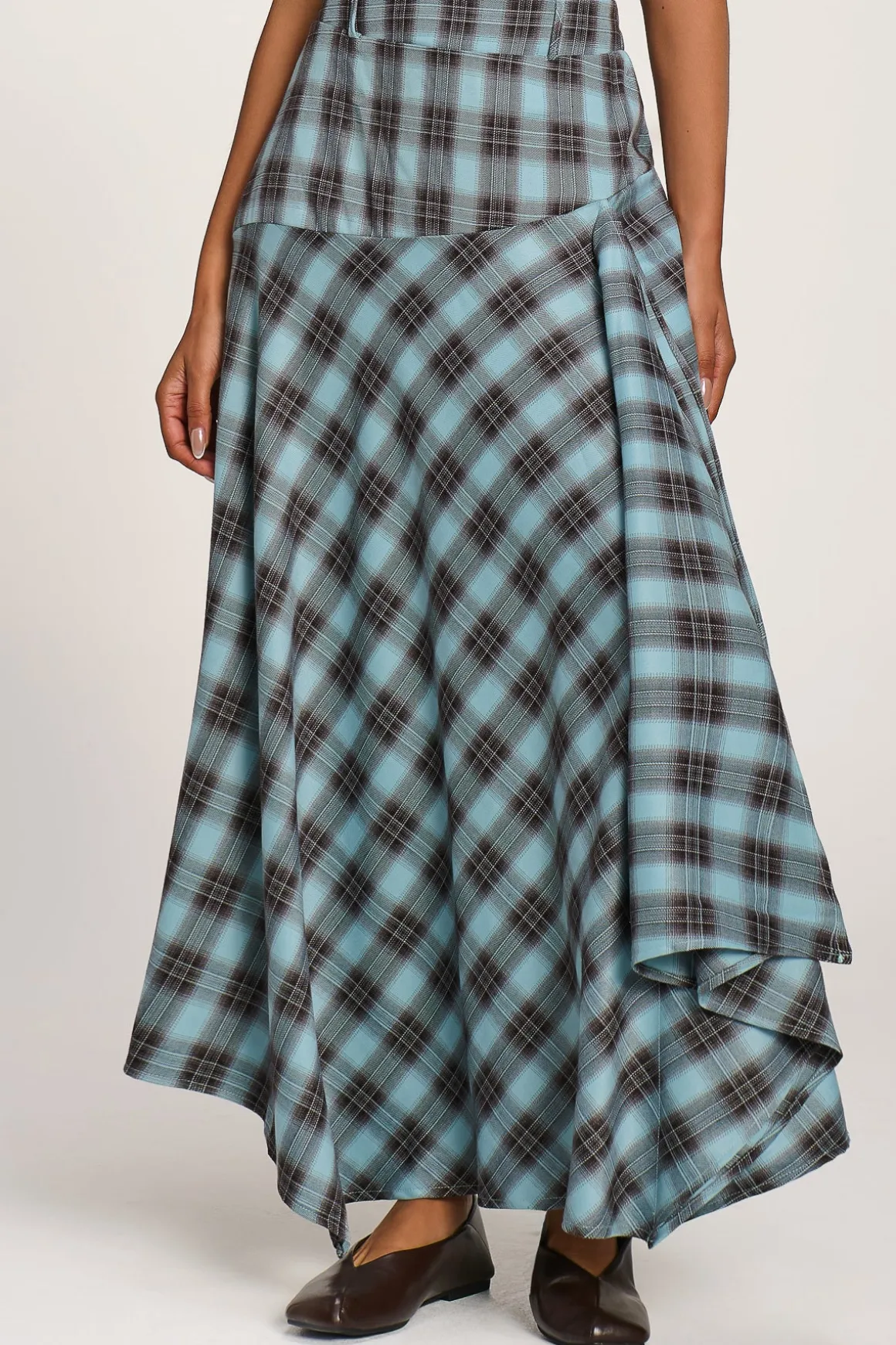 Asymmetric Check Maxi Skirt, Blue Check