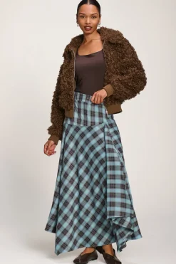 Asymmetric Check Maxi Skirt, Blue Check