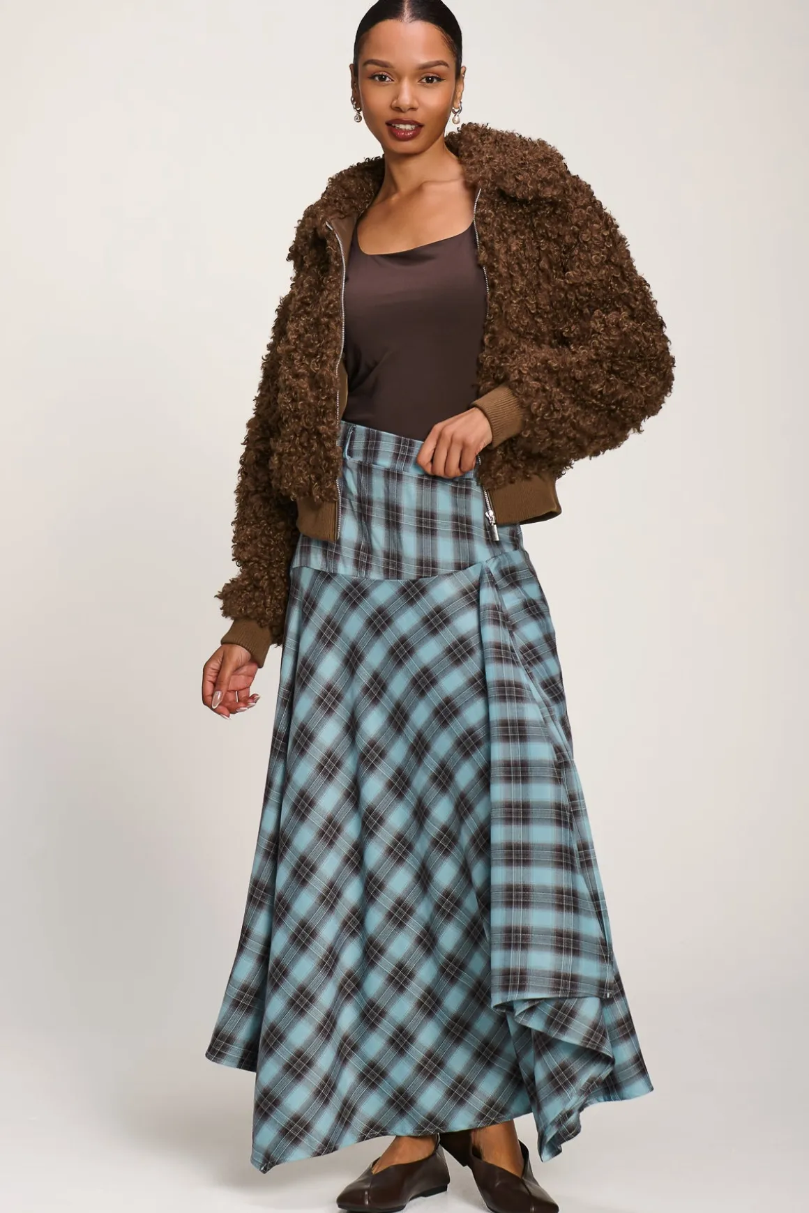Asymmetric Check Maxi Skirt, Blue Check