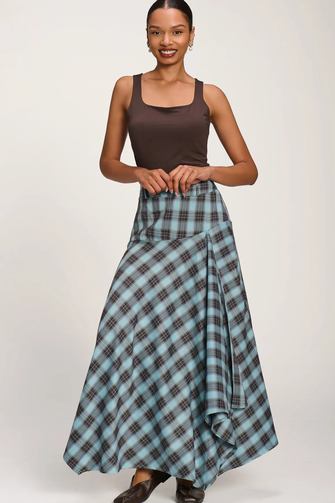 Asymmetric Check Maxi Skirt, Blue Check
