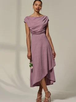Asymmetric Cowl Neck Midi Dress, Mauve Purple
