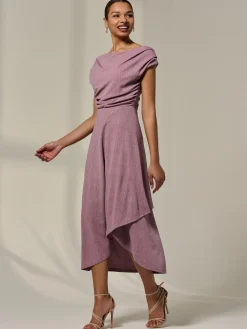 Asymmetric Cowl Neck Midi Dress, Mauve Purple