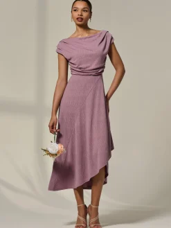 Asymmetric Cowl Neck Midi Dress, Mauve Purple