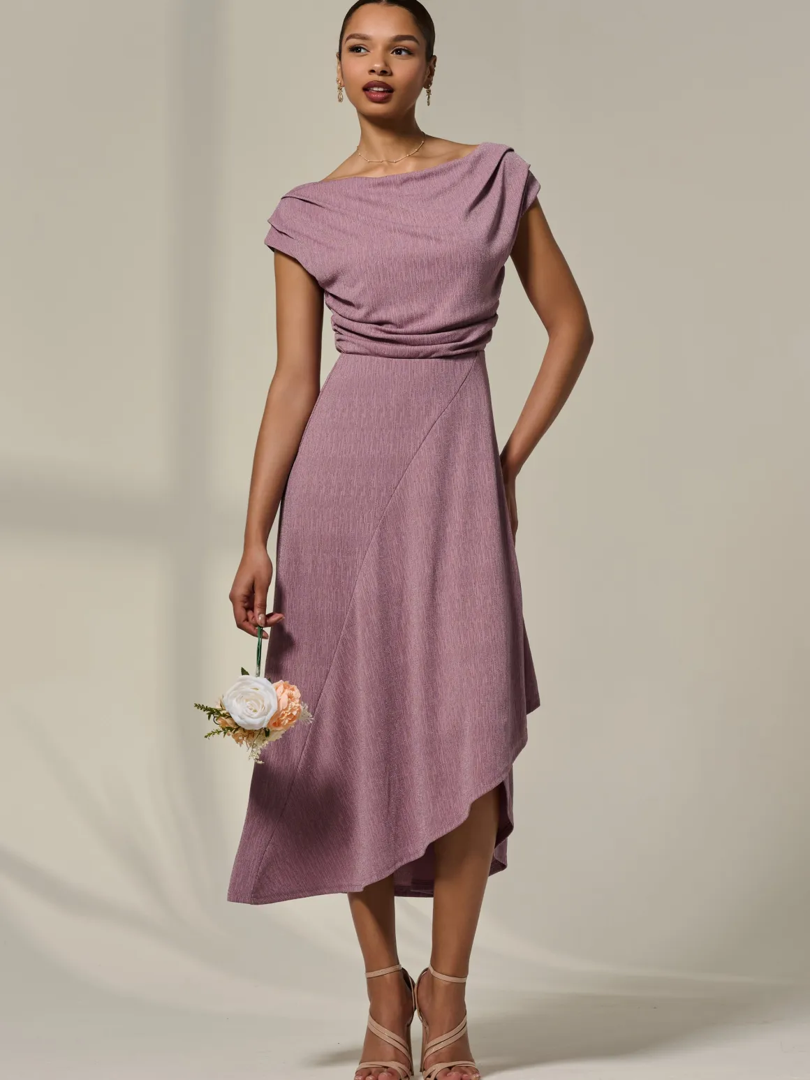 Asymmetric Cowl Neck Midi Dress, Mauve Purple