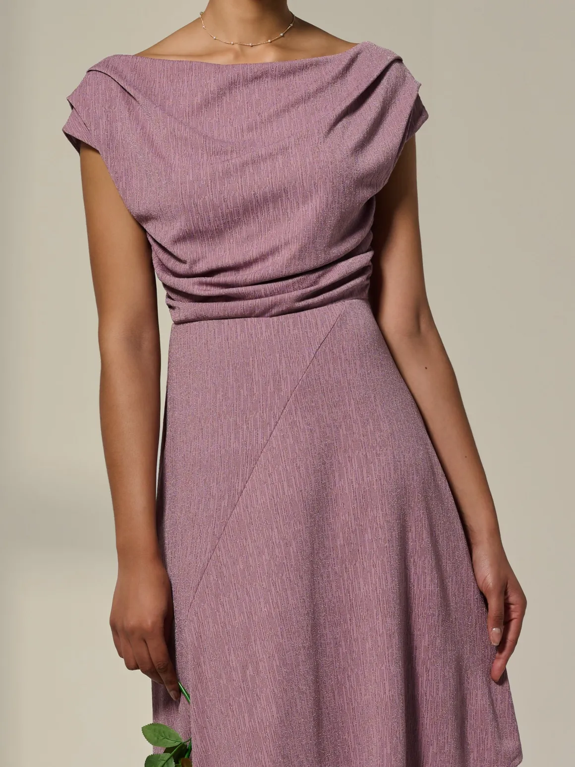 Asymmetric Cowl Neck Midi Dress, Mauve Purple