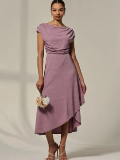 Asymmetric Cowl Neck Midi Dress, Mauve Purple