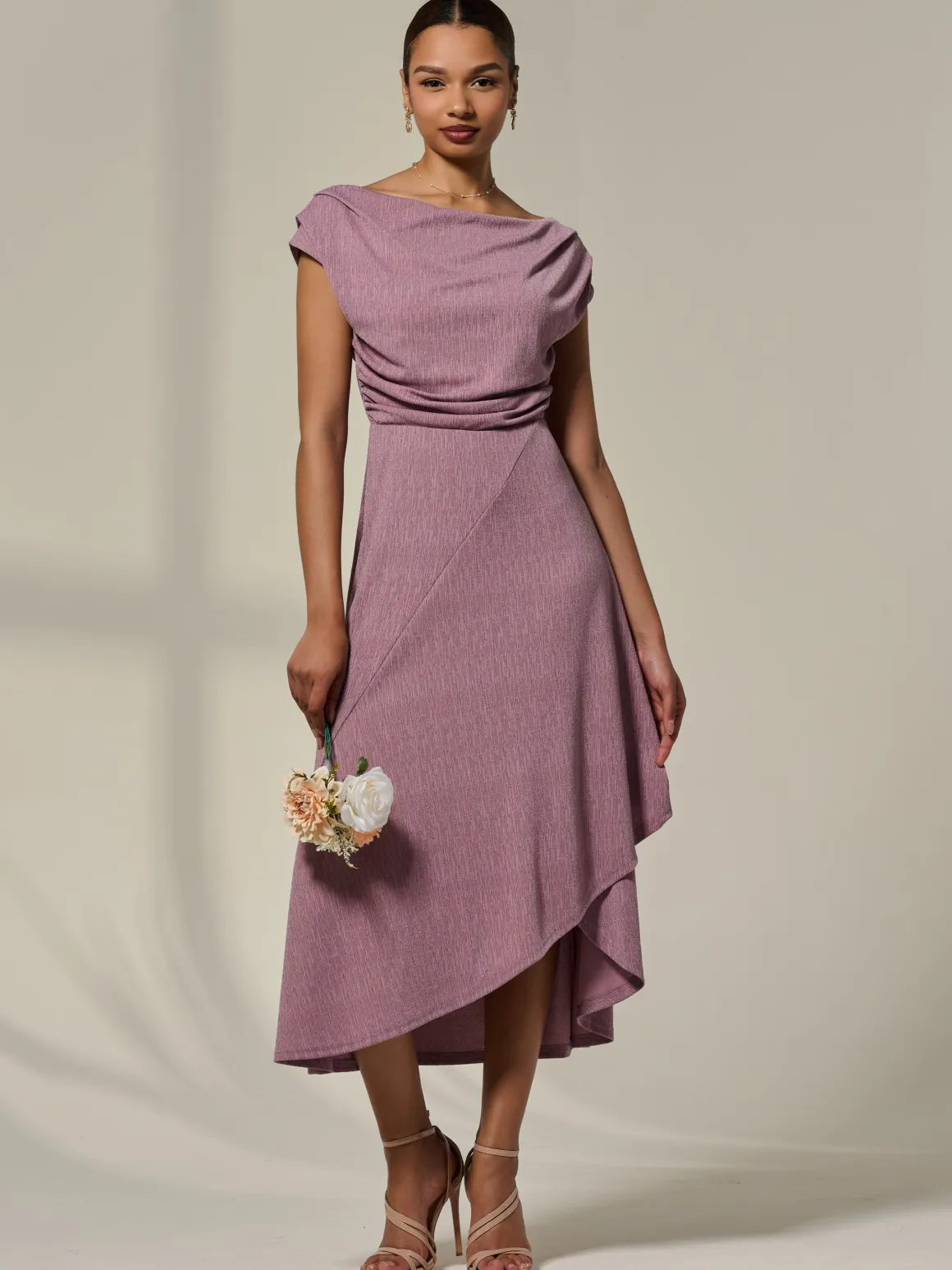 Asymmetric Cowl Neck Midi Dress, Mauve Purple