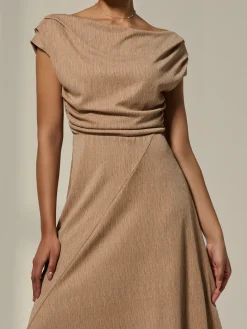 Asymmetric Cowl Neck Midi Dress, Taupe