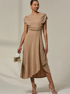 Asymmetric Cowl Neck Midi Dress, Taupe
