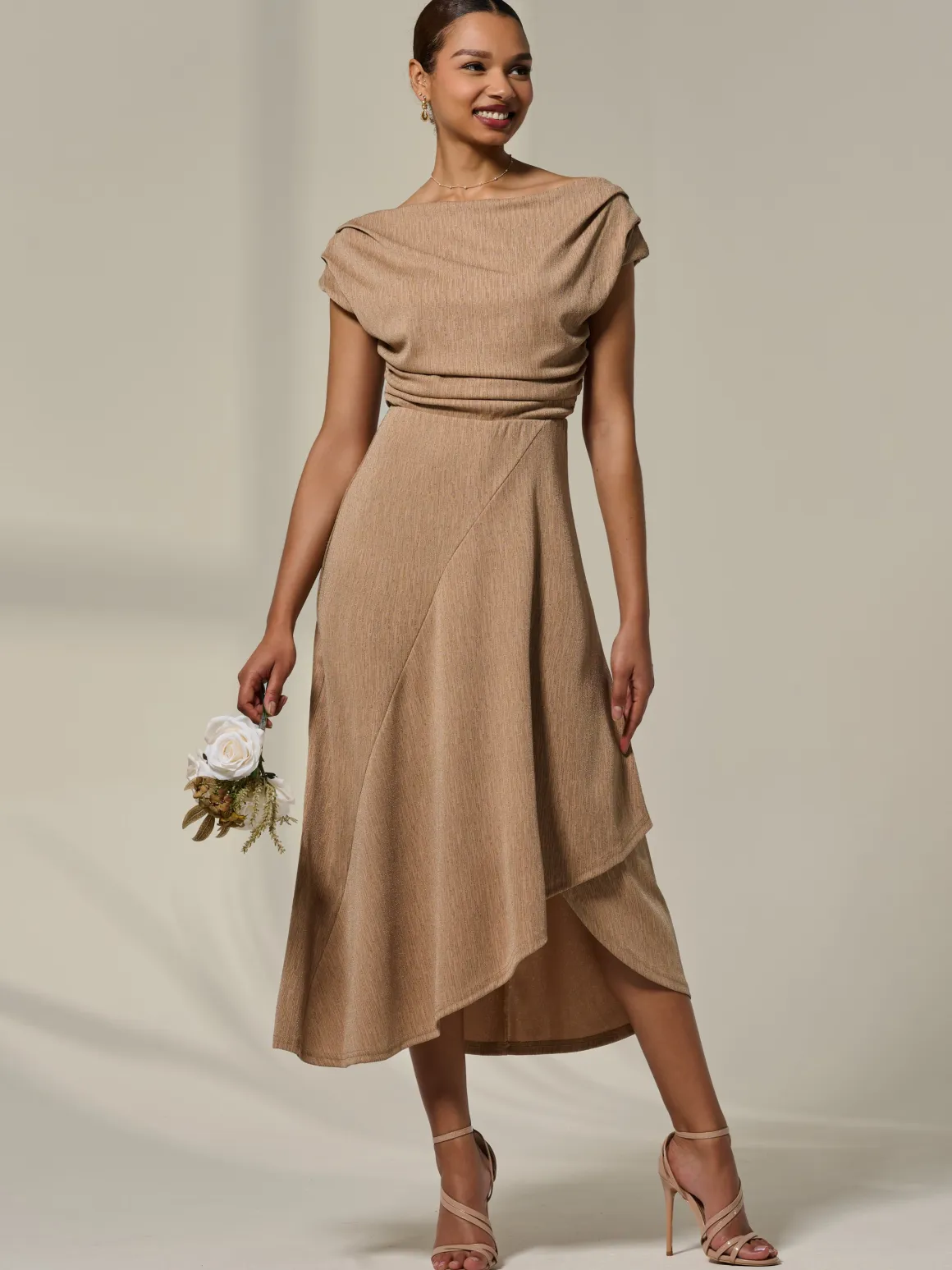 Asymmetric Cowl Neck Midi Dress, Taupe