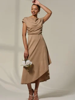 Asymmetric Cowl Neck Midi Dress, Taupe