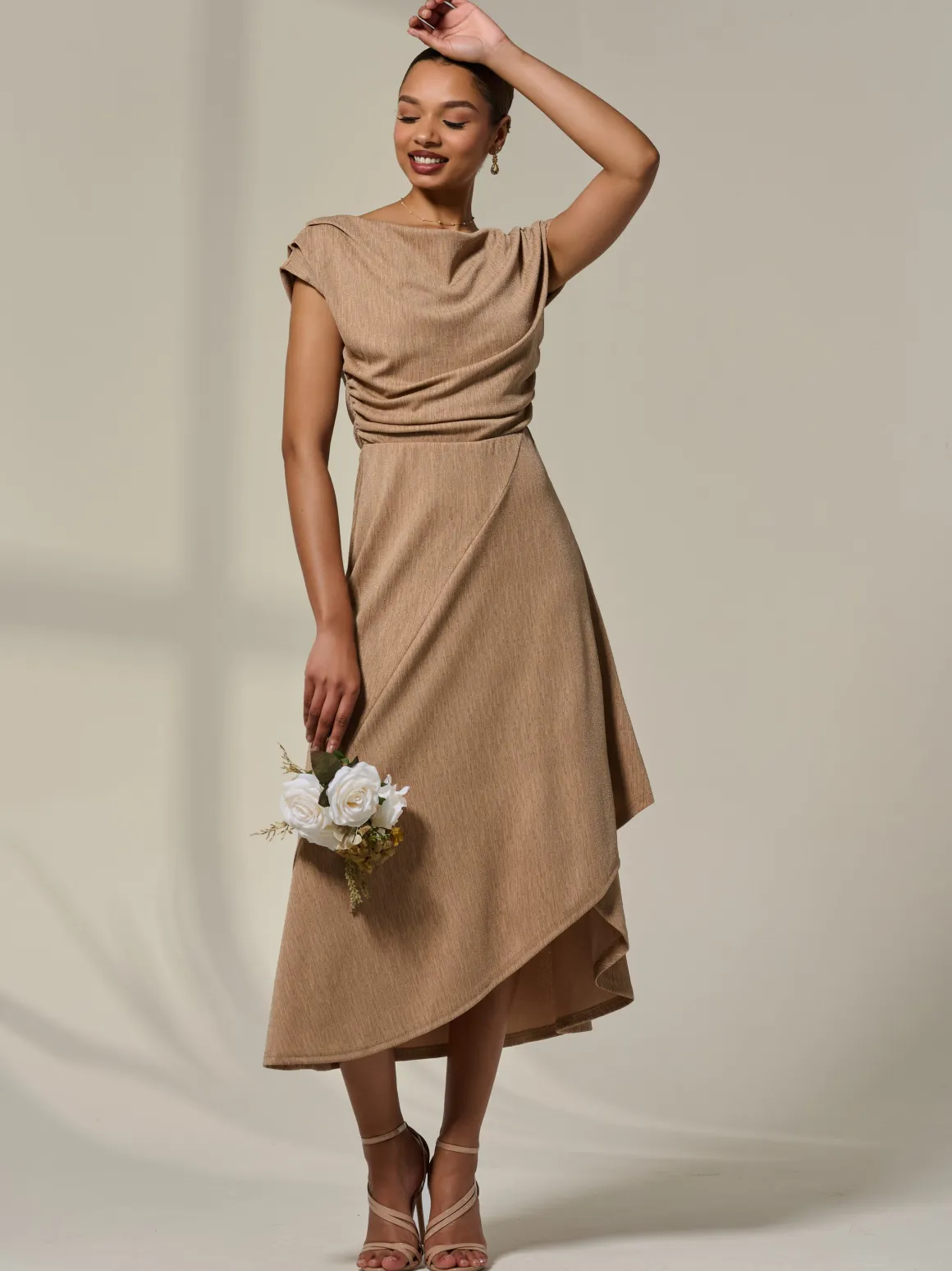 Asymmetric Cowl Neck Midi Dress, Taupe